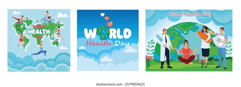 Commemorating World Health Day. People all over the world adopt healthy lifestyles. Exercise every day. World Health Day concept. Set flat vector illustration.