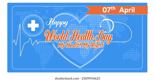 Commemorating World Health Day. Stethoscope and world map on blue color background. World Health Day concept. Flat vector illustration.