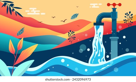 Commemorating world water day, March 22. Illustration of water coming out of a tap. International Water Day