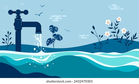 Conmemoración del día mundial del agua, 22 de marzo. Ilustración de agua saliendo de un grifo. Día Internacional del Agua