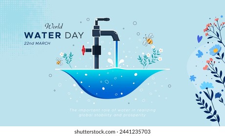 Commemorating world water day, March 22. Illustration of water coming out of a tap. Natural source of life. The important role of water in realizing global stability and prosperity