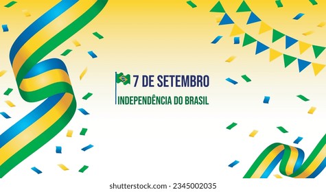 Commemoration of the 7th of September, Independence Day of Brazil. Ribbons, confetti, flag and pennants. Vector illustration.