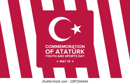 Commemoration of Ataturk, Youth and Sports Day. Celebrated annual in may 19. 100 years anniversary. National holiday in Turkey. Poster, card, banner and background. Vector illustration