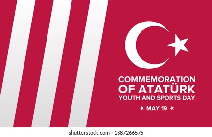 Commemoration of Ataturk, Youth and Sports Day. Celebrated annual in may 19. 100 years anniversary. National holiday in Turkey. Poster, card, banner and background. Vector illustration