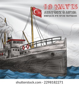 Conmemoración de Ataturk, Día de la Juventud y el Deporte y el ferry a Bandırma dibujado a mano