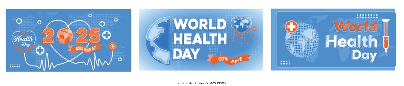 Commemoration of World Health Day 2025. Globe and stethoscope as background. Decorated with a globe and syringe. Set Flat vector illustration.