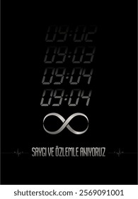 Atatürk commemoration-themed design, featuring a digital clock showing 09:05, an infinity symbol, and the message "Respect and Remembrance.