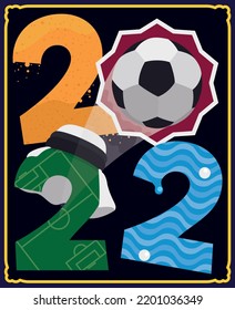 Commemorative 2022 numbers for Qatar: sand, soccer ball, pitch field, keffiyeh and waves like water with pearls.