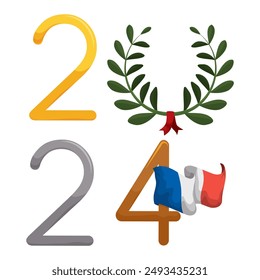 Commemorative 2024 sign in gold, silver and bronze metals, olive wreath and French flag for the Summer Games in Paris.