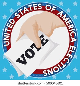 Commemorative American design with round button with hand and ballot paper in starry background inviting you for next U.S.A. elections.