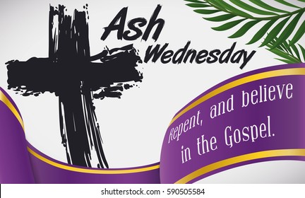 Commemorative banner for Ash Wednesday with traditional ash cross, palm branches and purple ribbon with biblical words.