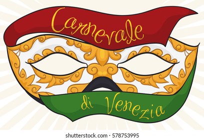 Commemorative banner for Carnival of Venice (written in Italian) with colombina mask beautifully crafted with a gilded pattern and decorated with red and green silk ribbons.