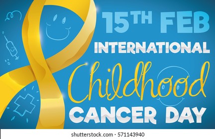 Commemorative banner with cute childish doodles over the golden ribbon to celebrate International Childhood Cancer Day in February 15.