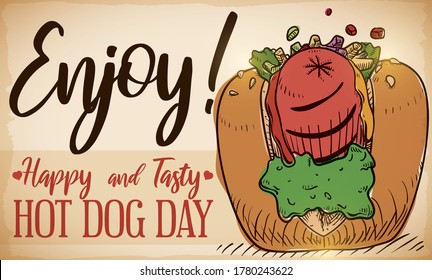 Commemorative banner with delicious hot dog in hand drawn style and glows, served with mustard, ketchup, lettuce, toppings and relish promoting a happy and tasty Hot Dog Day.