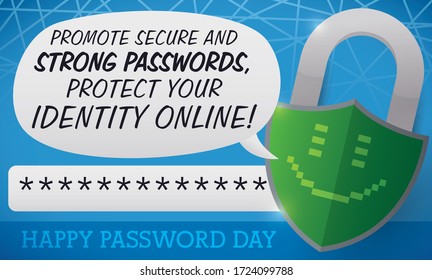 Commemorative banner with green padlock with shield shape and pixel smile, promoting with speech balloon the creation of strong passwords and protect your identity online during Password Day in May.