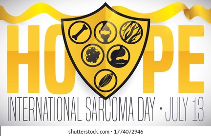 
Commemorative banner for International Sarcoma Day, with distinctive yellow ribbon and shield like symbols to promote hope campaign and buttons with principal affected tissues due this cancer.