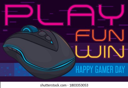 Cartel conmemorativo con el ratón para juegos de PC y algunos preceptos para celebrar un feliz Día de los Gamer: jugar, divertirse y ganar.