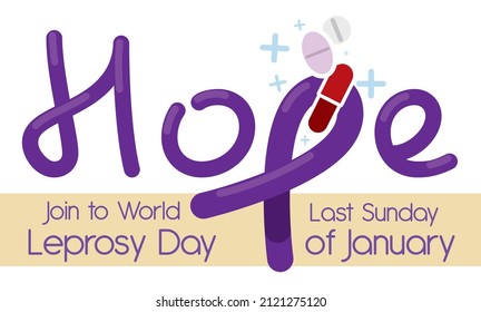 Commemorative banner with purple letters and ribbon forming 'hope' word, pills, capsule and cross promoting campaign for World Leprosy Day the last Sunday of January.