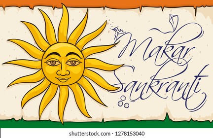 Commemorative banner with Sun over a scroll, decorated with some traditions of Indian Makar Sankranti celebration: bonfires, kite flying and laddus desserts.