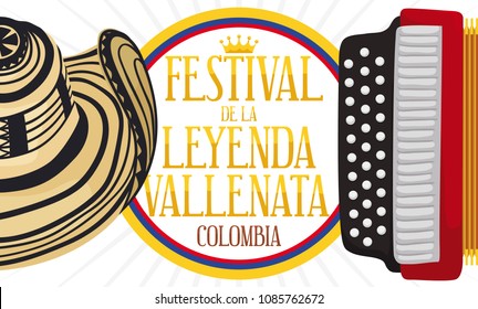 Commemorative banner with tricolor round button in the edge of circle, vueltiao hat and accordion: traditional elements of Colombian Vallenato Legend Festival (written in Spanish).