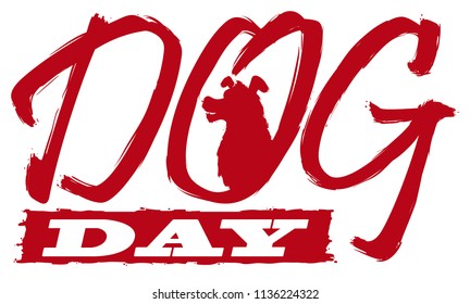 Commemorative banner with typography in red brushstrokes and dog silhouette waiting for Dog Day.