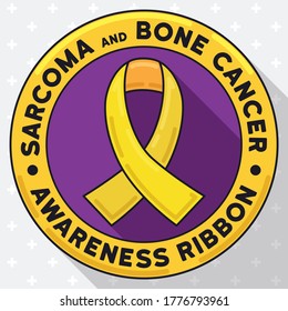 
Commemorative button in flat style and long shadow with yellow ribbon inside of it, symbolizing the Sarcoma and Bone Cancer campaign, promoting care and awareness of this illness.