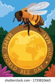 Commemorative button with globe and a bee posed in it over a beautiful sky with clouds view, garden and flowers to celebrate World Bee Day this 20th May.