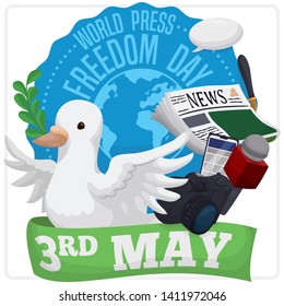 Commemorative button with globe design and a dove with journalist elements behind ribbon: cellphone, microphone, newspaper and camera to celebrate World Press Freedom Day in May 3.