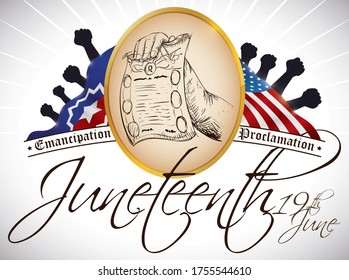 
Gedenkknopf in der Hand zeichnen Stil, mit Arm hält Emanzipation Proklamation Zeichnung, amerikanische und Junzehnte Flagge und Fäuste Silhouetten bereit, um dieses Datum im 19. Juni feiern.