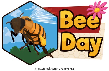 Commemorative button in hexagon shape, with flying bee view in a forest, clouds and greeting labels decorated with flower to celebrate Bee Day.