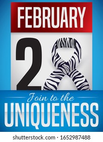 Commemorative calendar with special date to celebrate Rare Disease Day this 28th February, decorated with zebra print ribbon like number "8" and promoting join to the uniqueness.