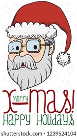 Commemorative Christmas design in doodle style with traditional Santa Claus face, holly leaves pattern and greeting for Xmas celebration.