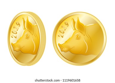 Commemorative coin with the image of the pig's head. Symbol of the new year in the Chinese calendar. 2019. Vector. Illustration for postcards, stickers, posters.