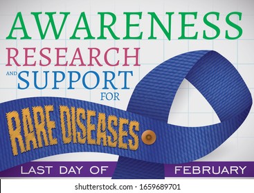 Commemorative denim ribbon with embroidered sign over squared paper with precepts to celebrate Rare Disease Day the last day of February.