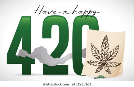 Commemorative design for 420 with green sign with smoke and cannabis leaf drawing on parchment.