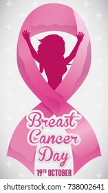 Commemorative design for Breast Cancer Day with victorious woman silhouette celebrating over pink ribbon, symbol of the fight against breast cancer.