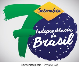 Commemorative design in brush stroke style with number date, rhombus, circle and stars to celebrate Brazil Independence Day (written in Portuguese) in September 7.