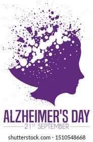 Commemorative design to celebrate Alzheimer's Day this 21st September with purple woman's head silhouette with spots in it, representing the progressive memory loss due this disease.