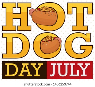 Commemorative design to celebrate Hot Dog Day with sliced hotdog coming in and out from the letters O, served with ketchup, mustard and potato chips.