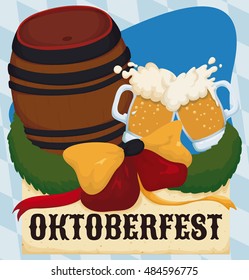 Commemorative design to celebrate Oktoberfest with keg, toast with beer bow with Germany colors and ribbons.