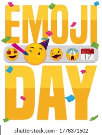 
Commemorative design with confetti, golden greeting and label with different emojis: calendar, in love with hearts for eyes, crazy with tongue out, party face and scared face.