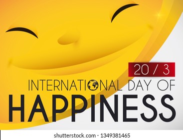 Commemorative design with cute smiling face behind golden label promoting International Day of Happiness celebration this 20th March.