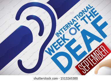 Commemorative design with deafness symbol, loose-leaf calendar and hearing aid device ready to commemorate International Week of the Deaf in September.