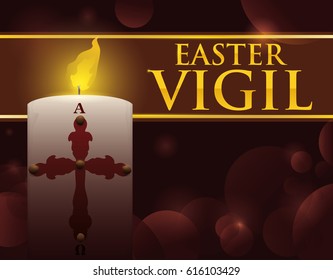 Commemorative design for Easter Vigil celebration with Paschal candle, dim light, golden text and bokeh effect in the background.