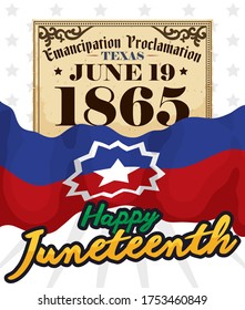 
Commemorative design with Emancipation Proclamation in a scroll and greeting to celebrate Juneteenth with its flag in June 19.