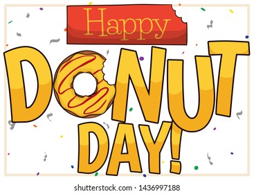 Commemorative design with a festive confetti shower, a half bitten label and delicious doughnut with banana glaze to celebrate Donut Day.