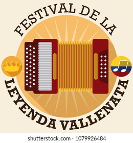 Commemorative design in flat style and long shadow with round buttons with accordion and tiny circles with crown and flag with musical note for Vallenato Legend Festival (written in Spanish).