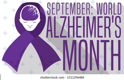 Commemorative design in flat style and long shadow with purple ribbon and man face inside of it losing his memory in the commemoration of World Alzheimer's Month over cross pattern background.