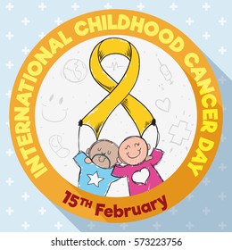 Commemorative design in flat style with round button with cute couple of children holding a golden ribbon: symbol of the fight against Childhood Cancer and commemorating its day in February 15.