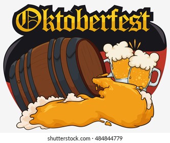 Commemorative design forming Germany flag with traditional colors black, red and yellow formed for a barrel spilling beer with glasses for Oktoberfest celebration.